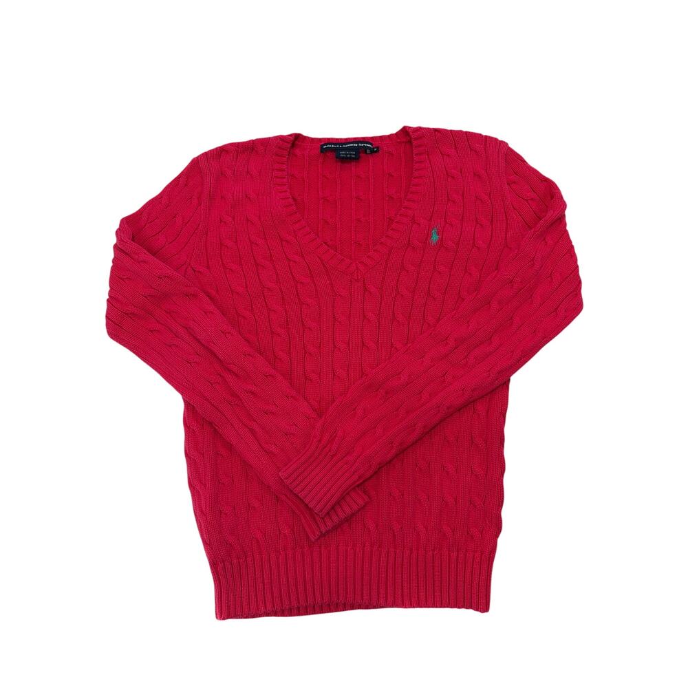 Ralph Lauren Polo Sport Women's Sz M Cable Knit Cotton Pink Sweater Green Pony